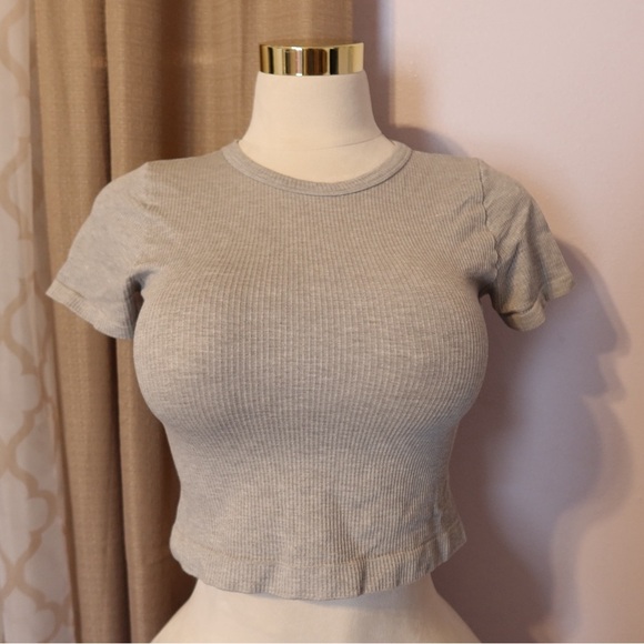 New Mix Tops - New Mix Light Gray Ribbed Short Sleeve Top